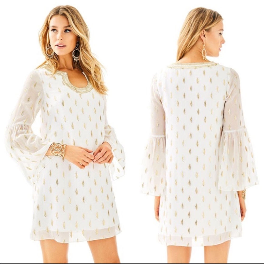 Lilly Pulitzer White Mini Dress with Gold Leaf Print